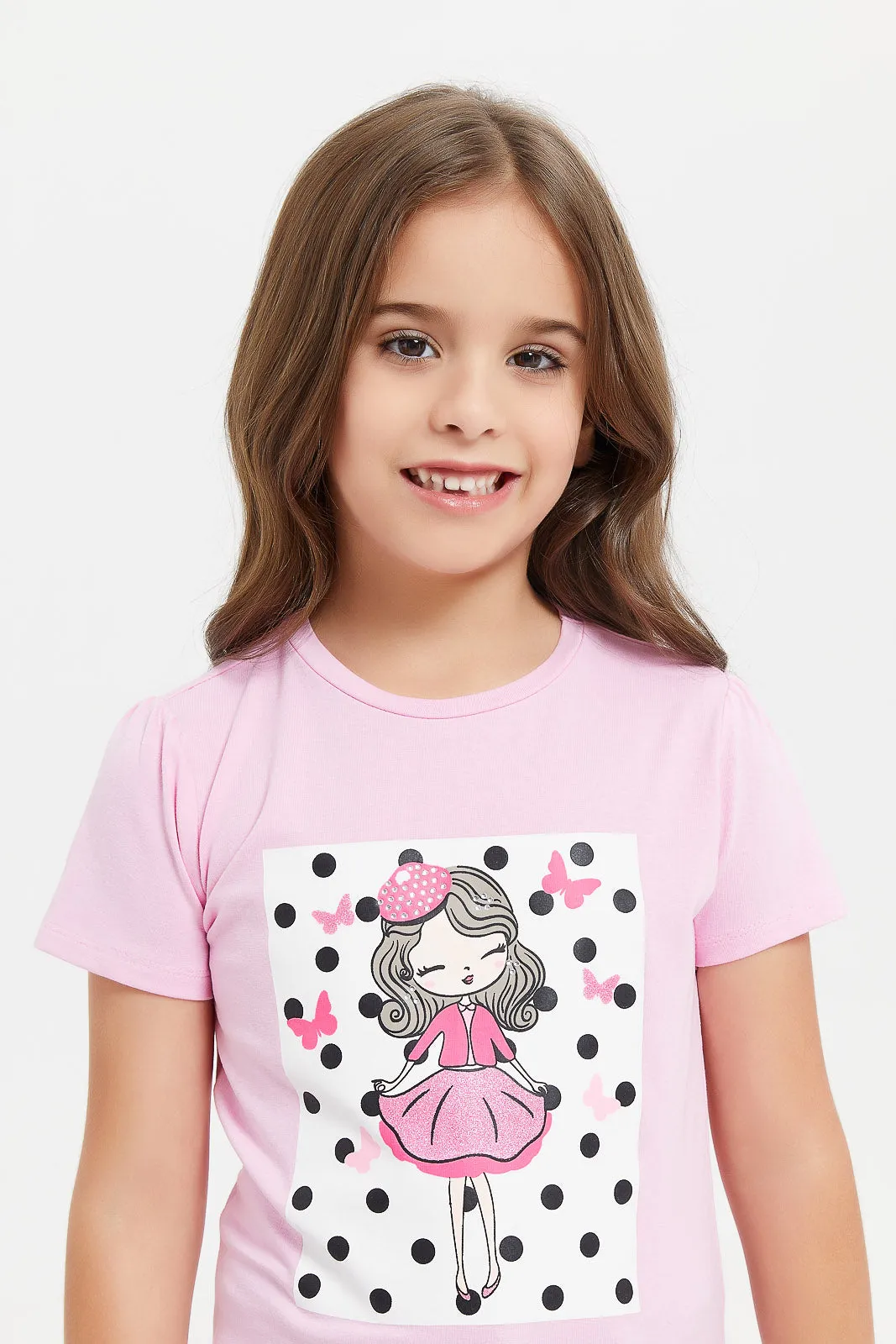 Girls Pink Graphic Print T-Shirt With Glitter