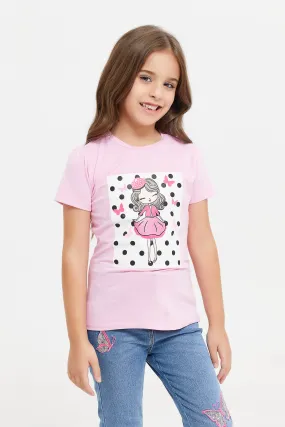 Girls Pink Graphic Print T-Shirt With Glitter