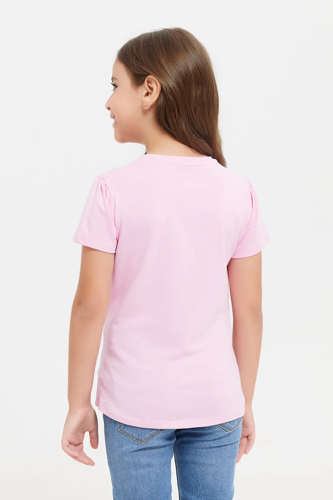 Girls Pink Graphic Print T-Shirt With Glitter