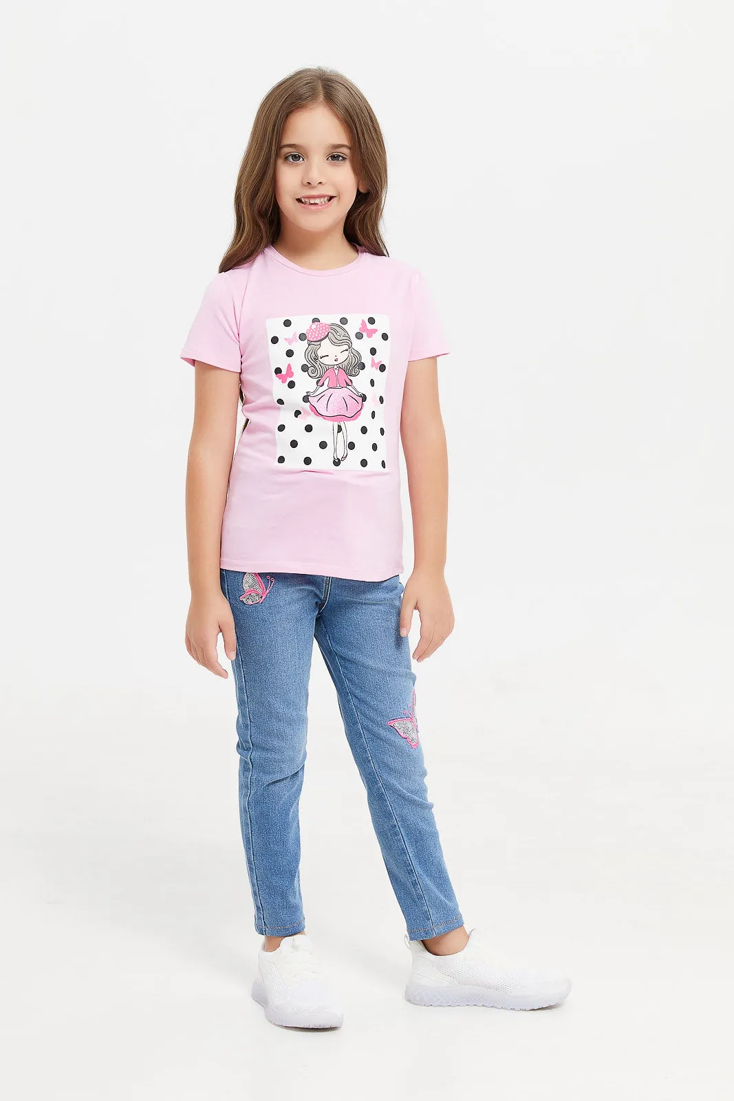 Girls Pink Graphic Print T-Shirt With Glitter