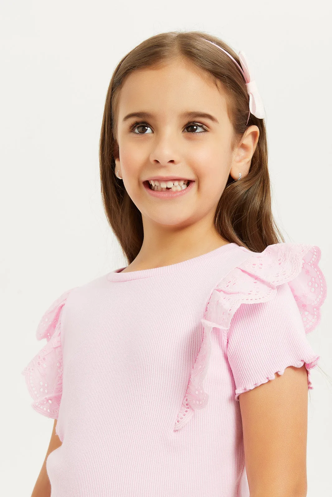Girls Pink Ruffles Sleeve T-Shirt