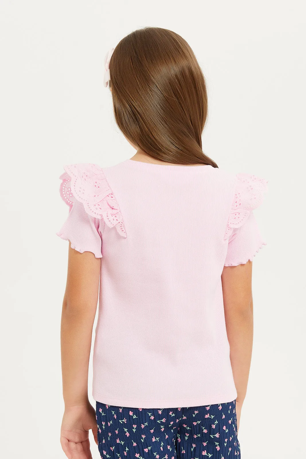 Girls Pink Ruffles Sleeve T-Shirt