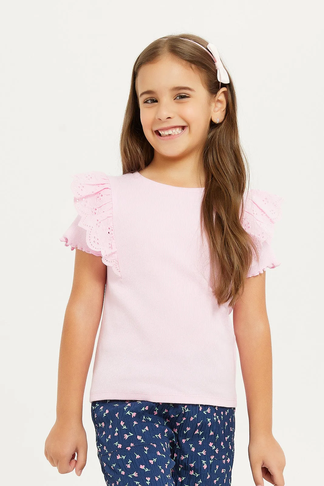 Girls Pink Ruffles Sleeve T-Shirt