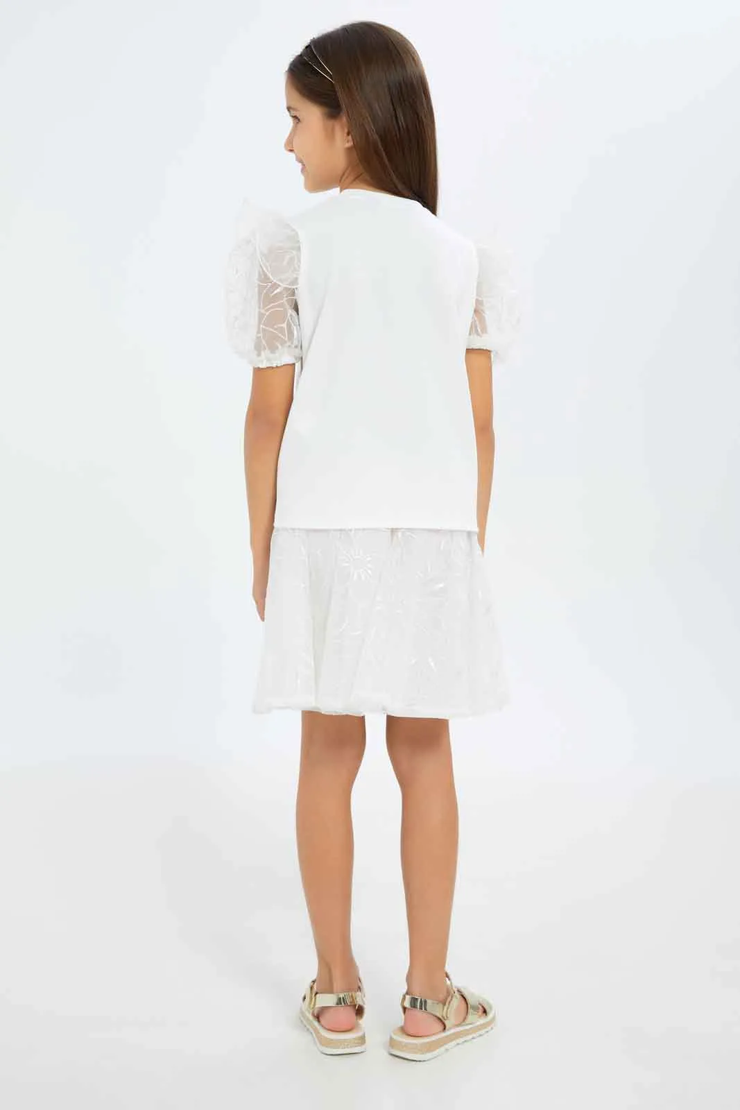 Girls White Embroidered T-shirt And Skirt Set (2 Piece)