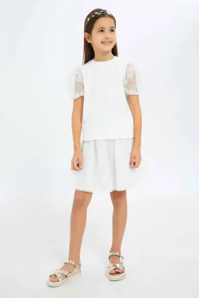 Girls White Embroidered T-shirt And Skirt Set (2 Piece)