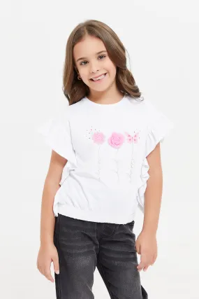 Girls White Floral Patch Work T-Shirt