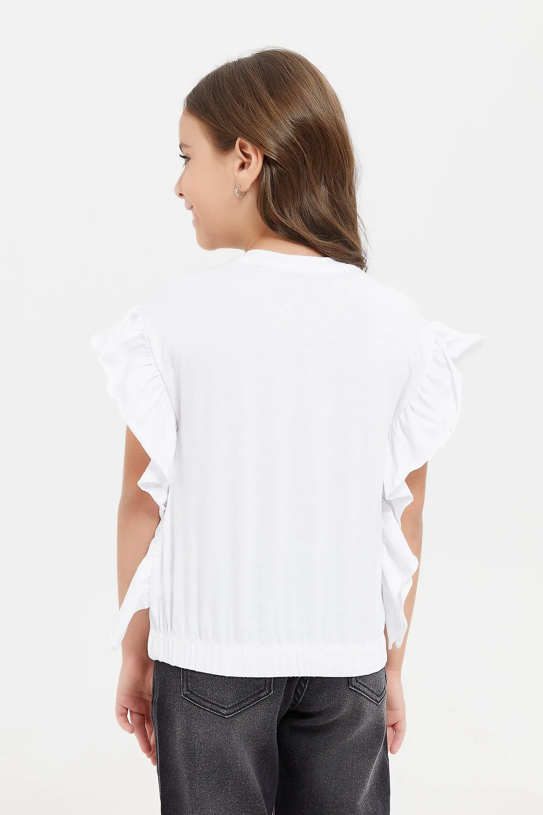 Girls White Floral Patch Work T-Shirt