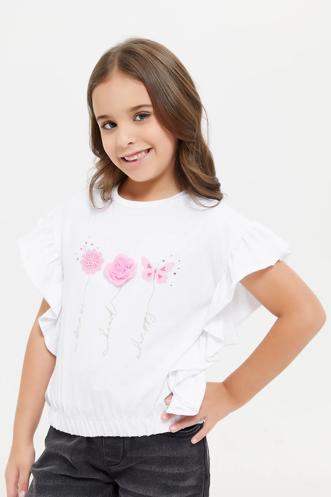 Girls White Floral Patch Work T-Shirt