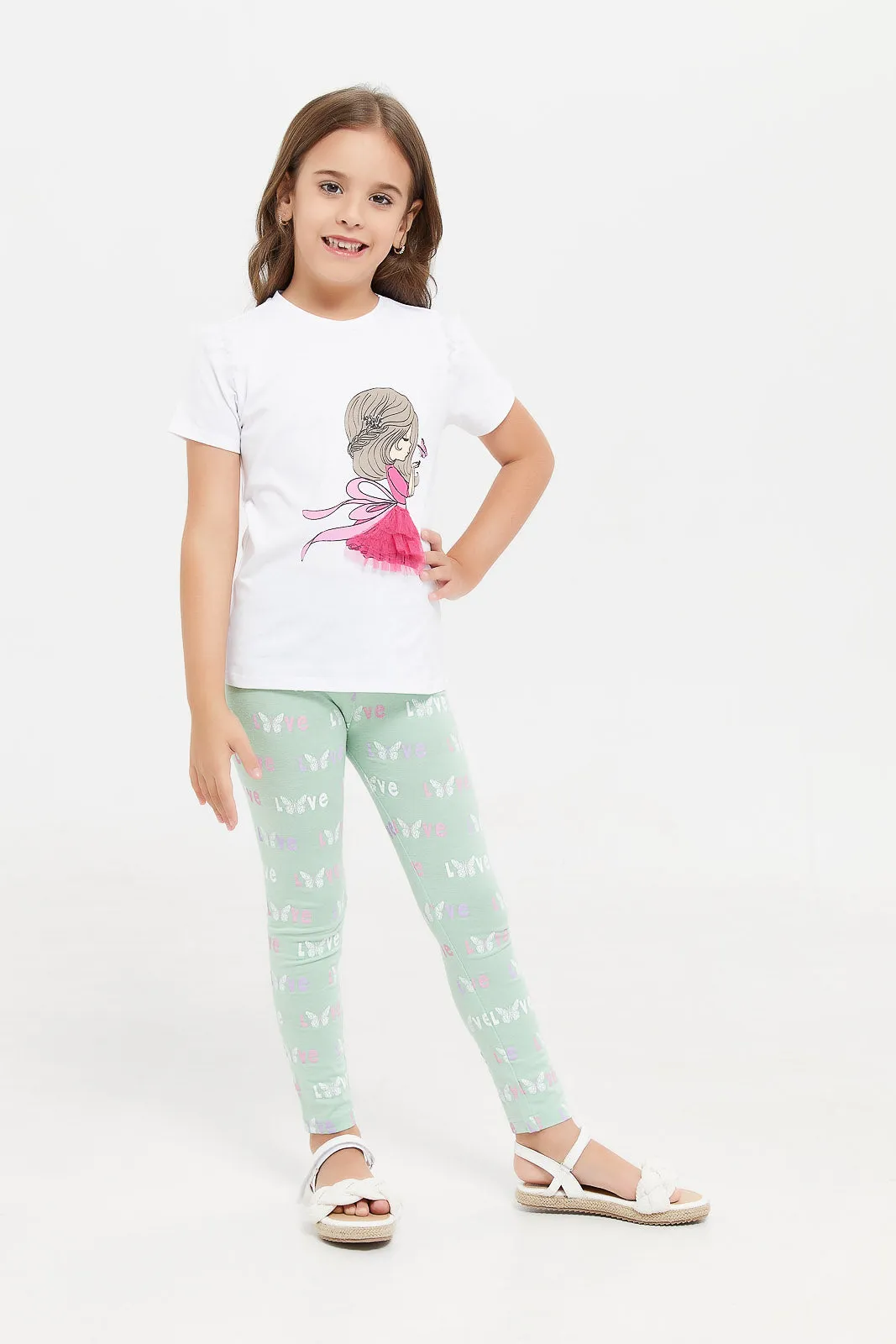 Girls White Mesh Frills Printed T-Shirt