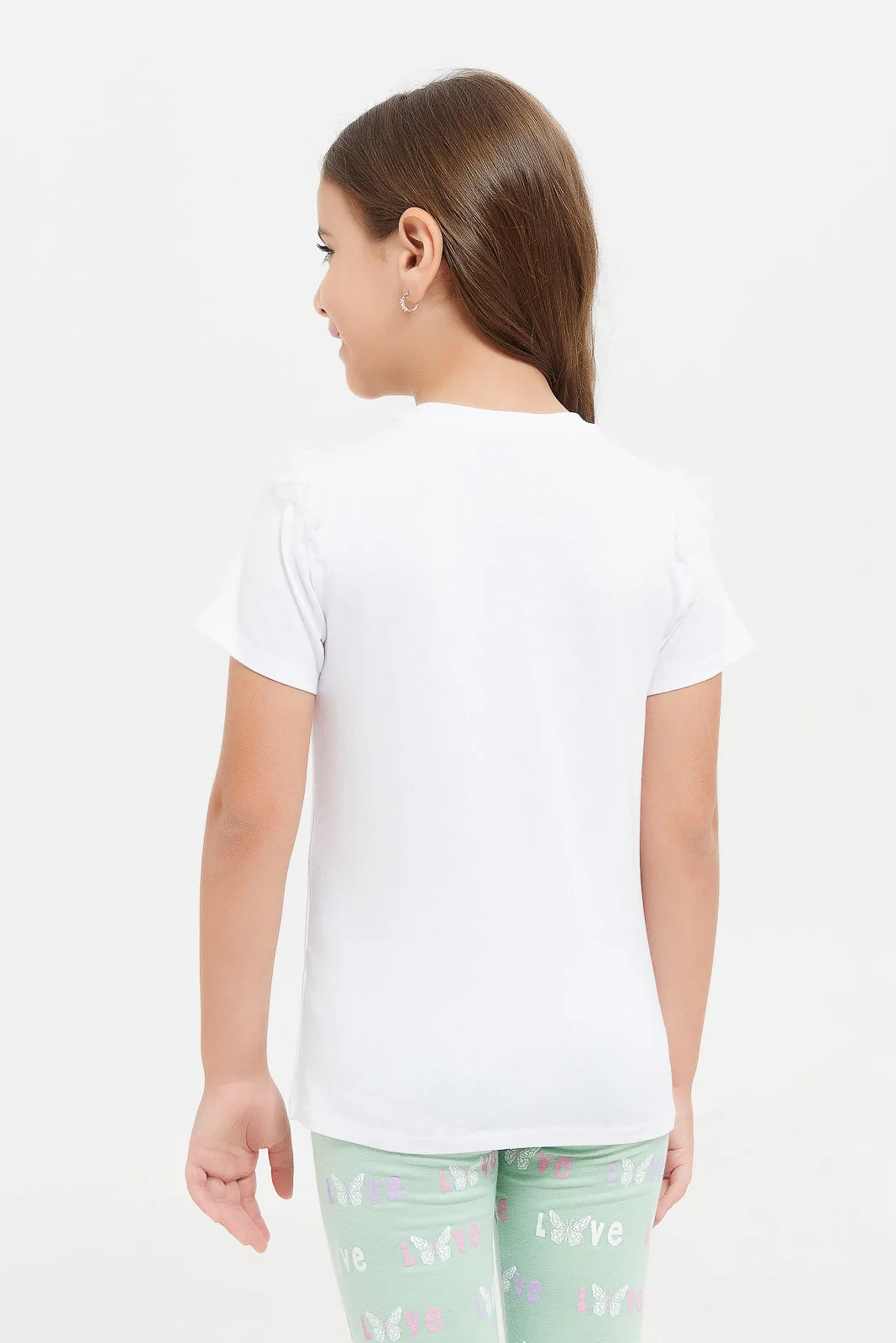 Girls White Mesh Frills Printed T-Shirt