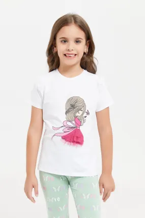 Girls White Mesh Frills Printed T-Shirt