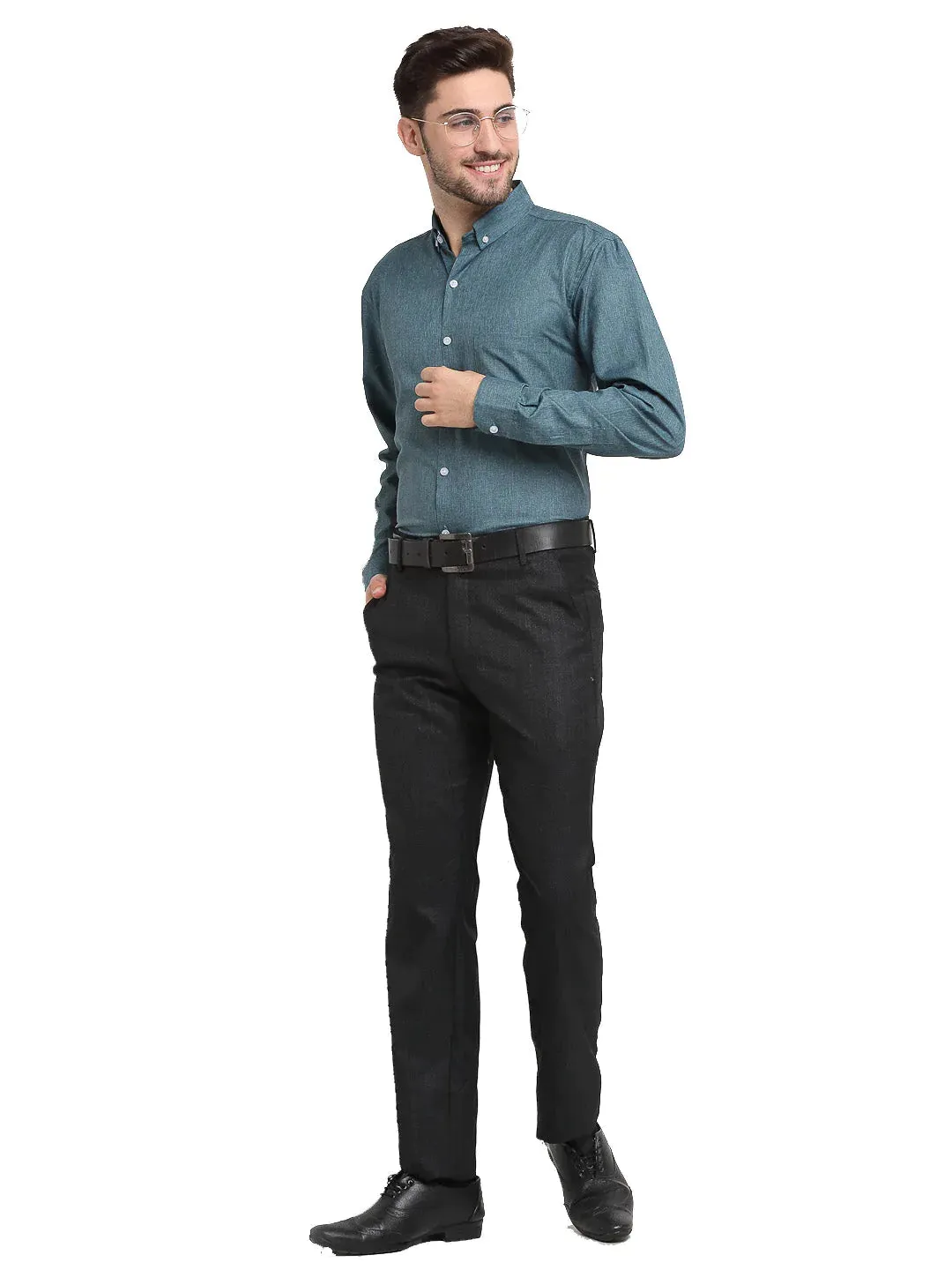 Grey Melange Men'S Button Down Collar Cotton Formal Shirt