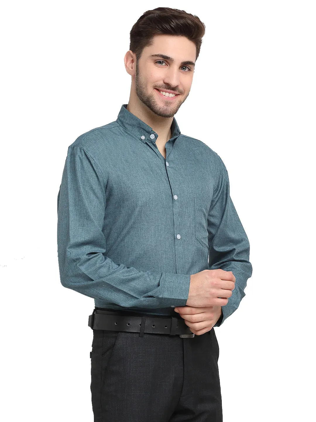 Grey Melange Men'S Button Down Collar Cotton Formal Shirt