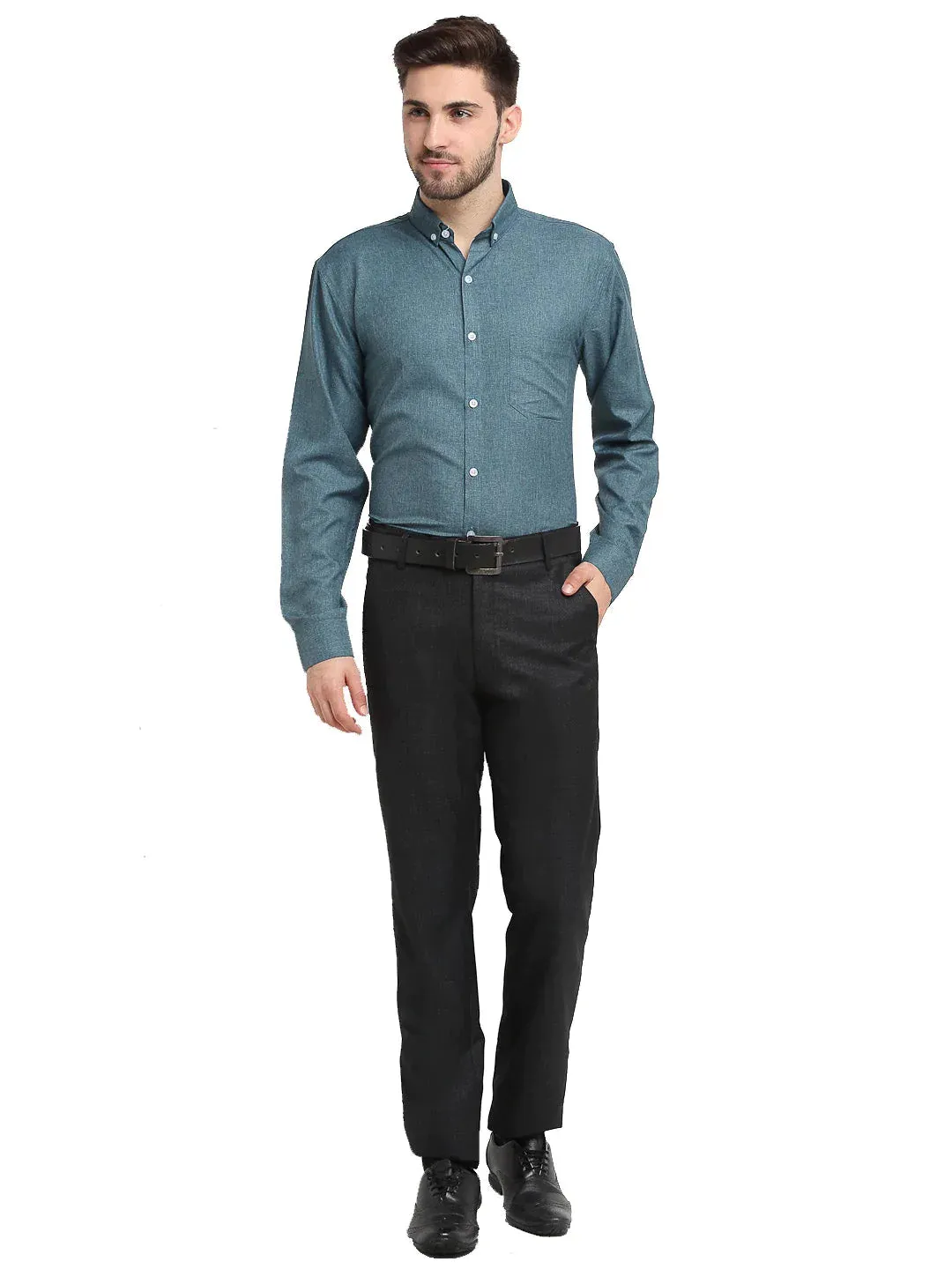 Grey Melange Men'S Button Down Collar Cotton Formal Shirt