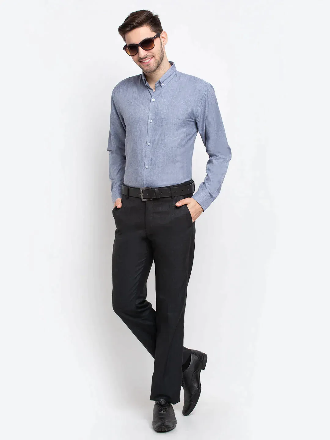 Grey Men'S Button Down Collar Cotton Formal Shirt