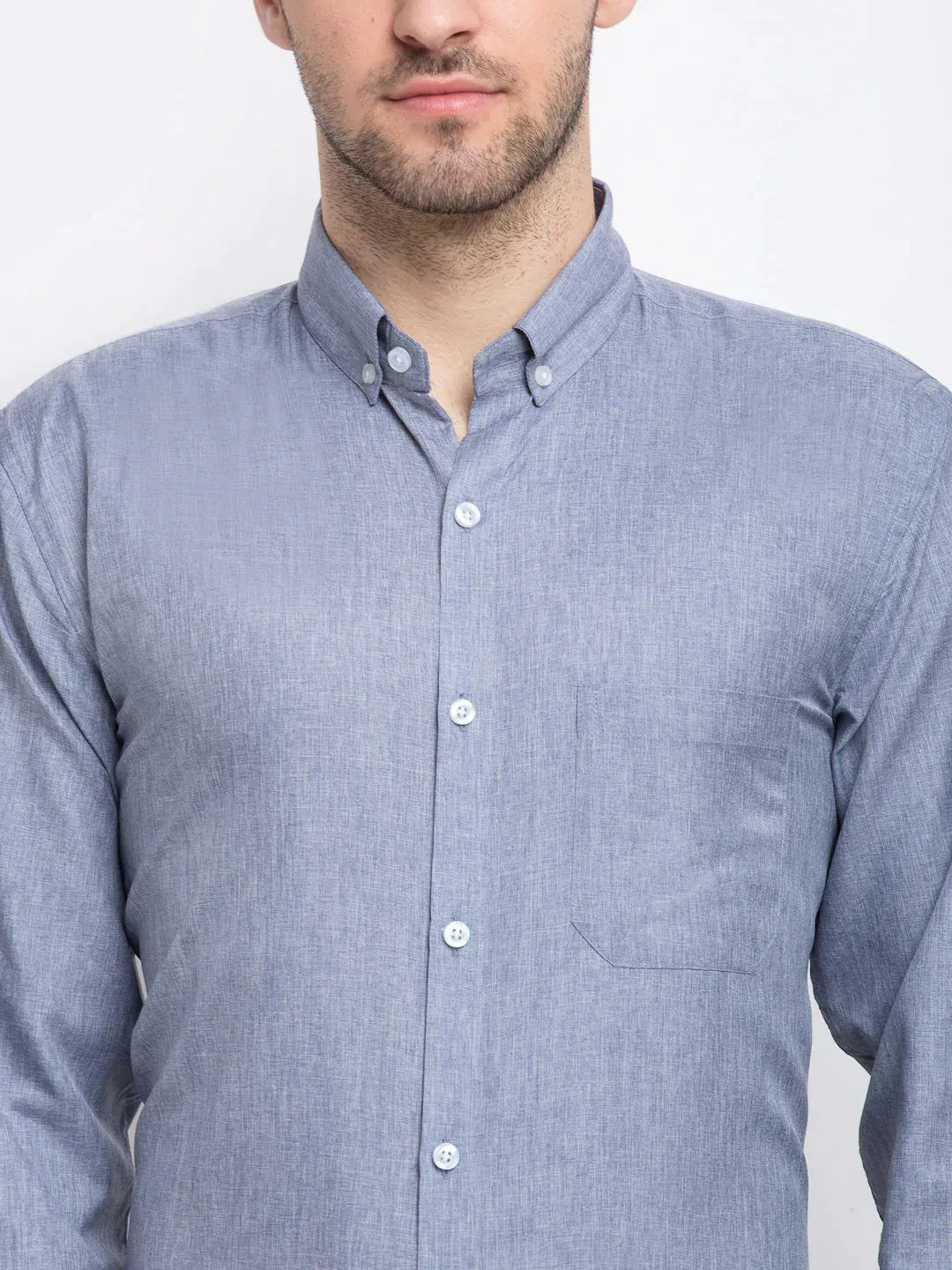 Grey Men'S Button Down Collar Cotton Formal Shirt