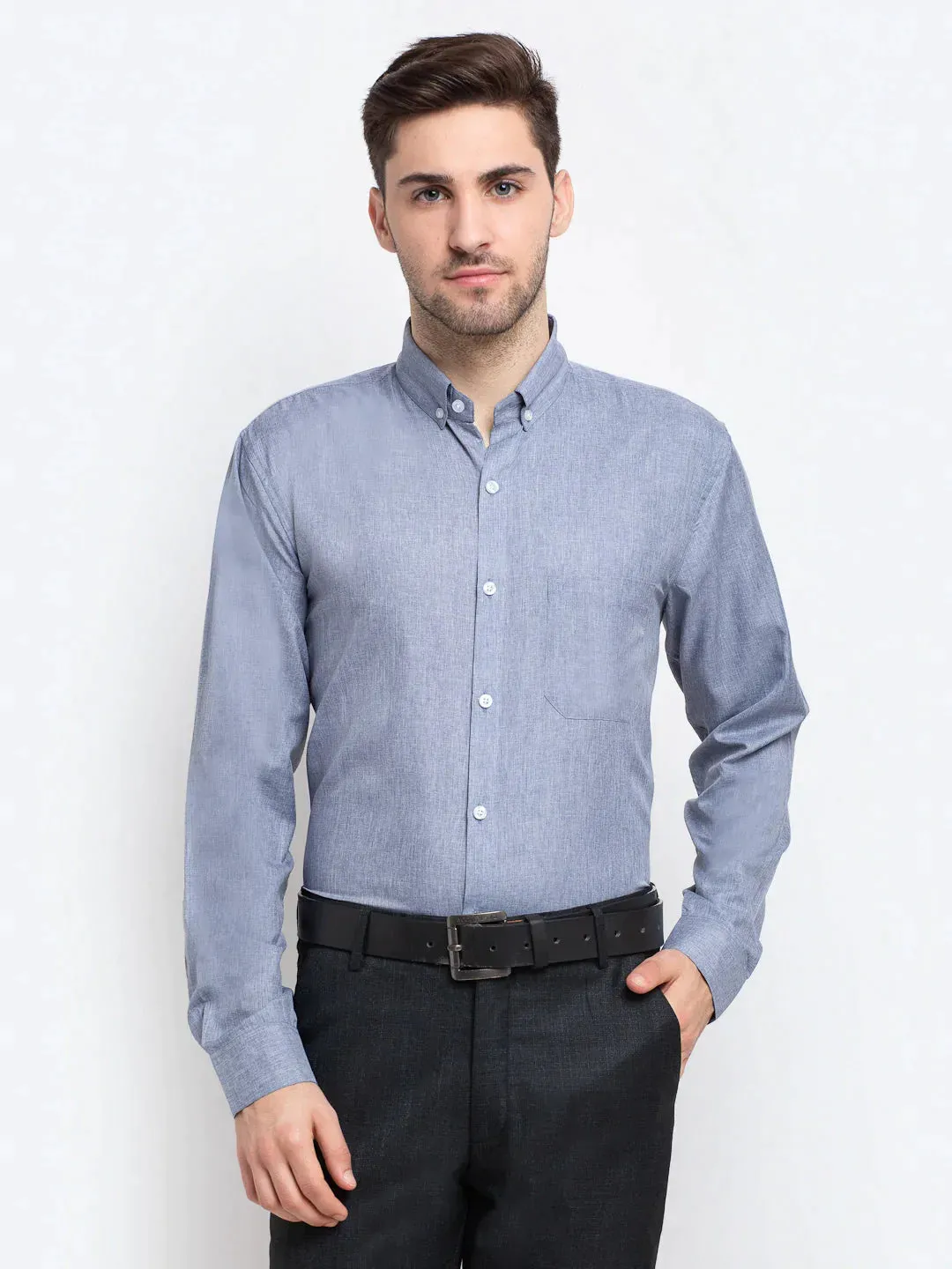 Grey Men'S Button Down Collar Cotton Formal Shirt