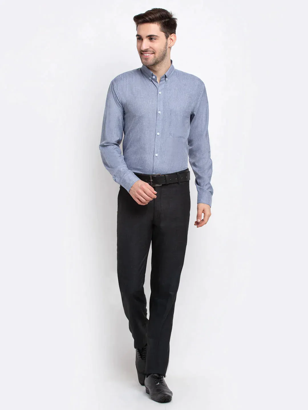 Grey Men'S Button Down Collar Cotton Formal Shirt