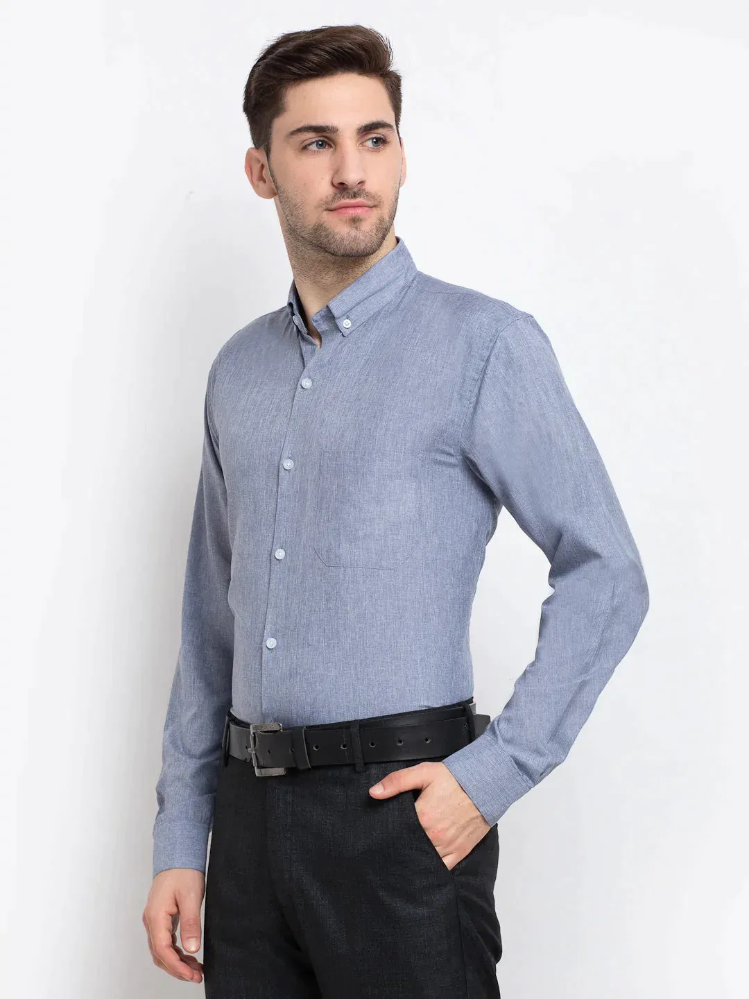 Grey Men'S Button Down Collar Cotton Formal Shirt