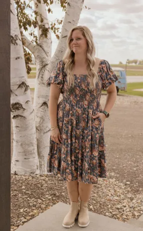 HARLOW DENIM BLUE FLORAL PUFF SLEEVE MAXI DRESS