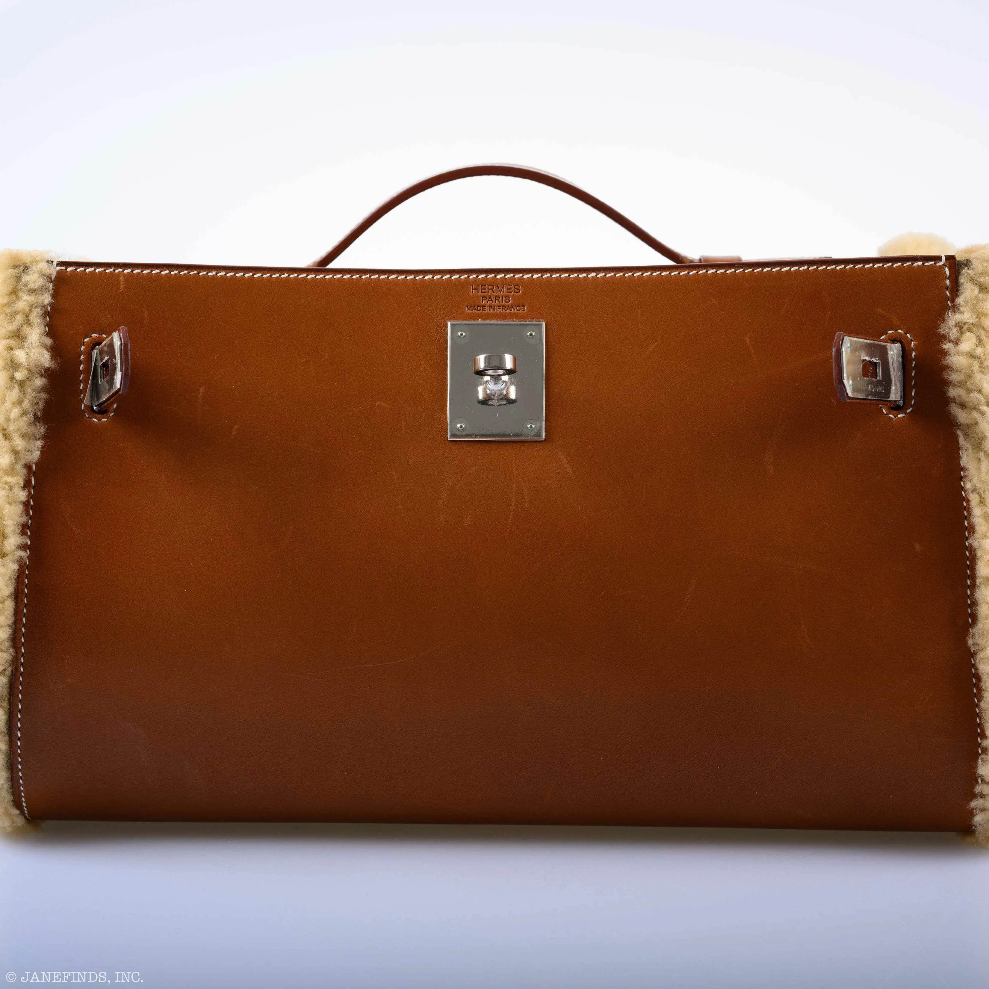 Hermès Teddy Kelly Clutch Barenia Leather & Mouton Shearling Palladium Hardware