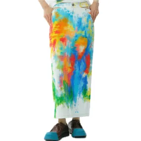 Illustration Full Print Denim Half Body Midi Skirt