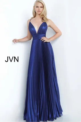 Jovani JVN03061 Size 6 Long Iridescent Pleated Prom Dress Navy Shimmer V Neck