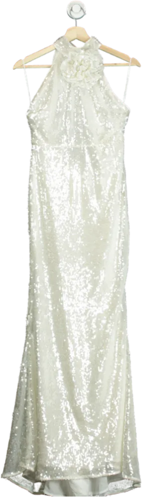 Karen Millen White Sequin Rosette Halter Woven Maxi Dress UK 6