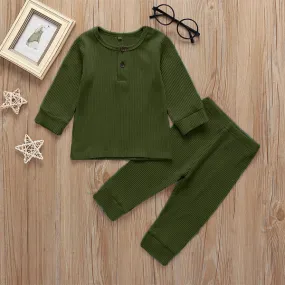 Kids Ribbed Henley Pajama Set Olive Green - Oolaa