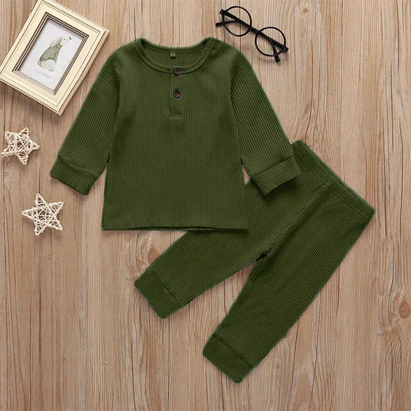 Kids Ribbed Henley Pajama Set Olive Green - Oolaa