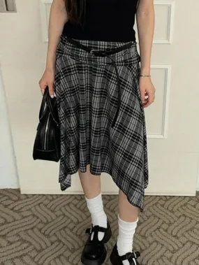LANFUBEISI - Low Rise Plaid Asymmetric-Hem Midi A-Line Skirt