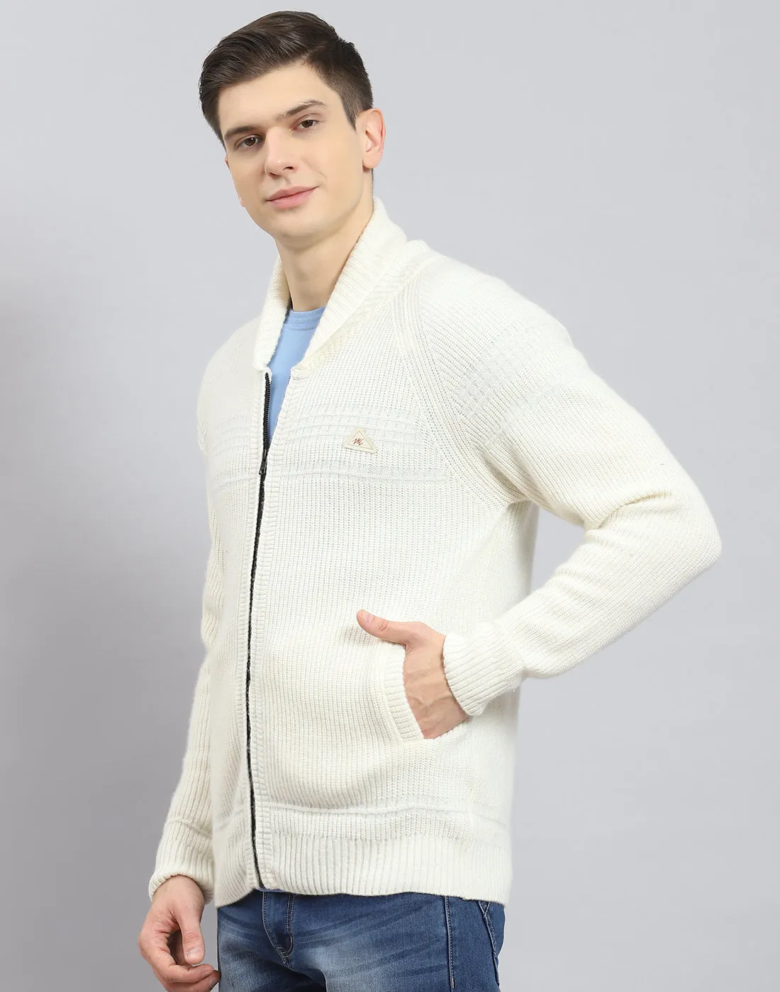 Men Off White Self Design Stand Collar Full Sleeve Sweater