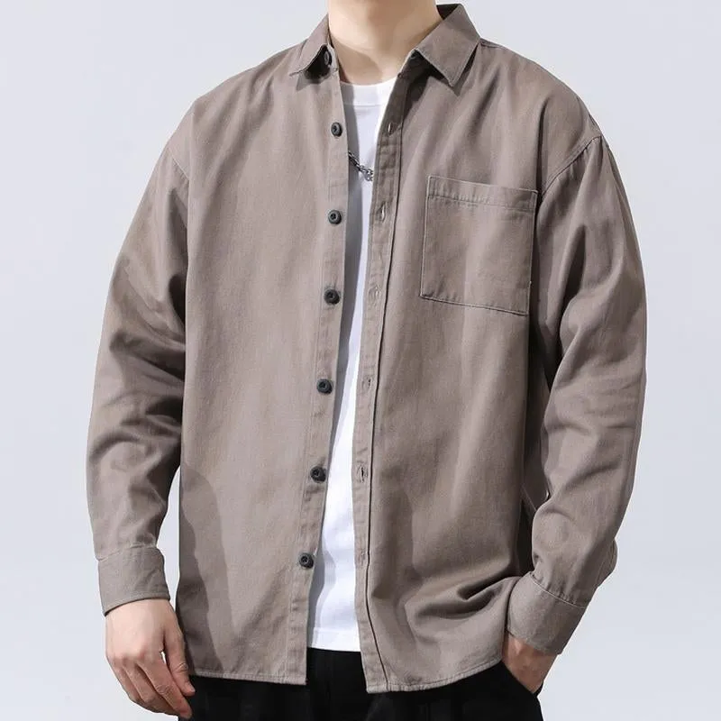 Men's Casual Cotton Loose Lapel Patch Pocket Long Sleeve Shirt 27771358M