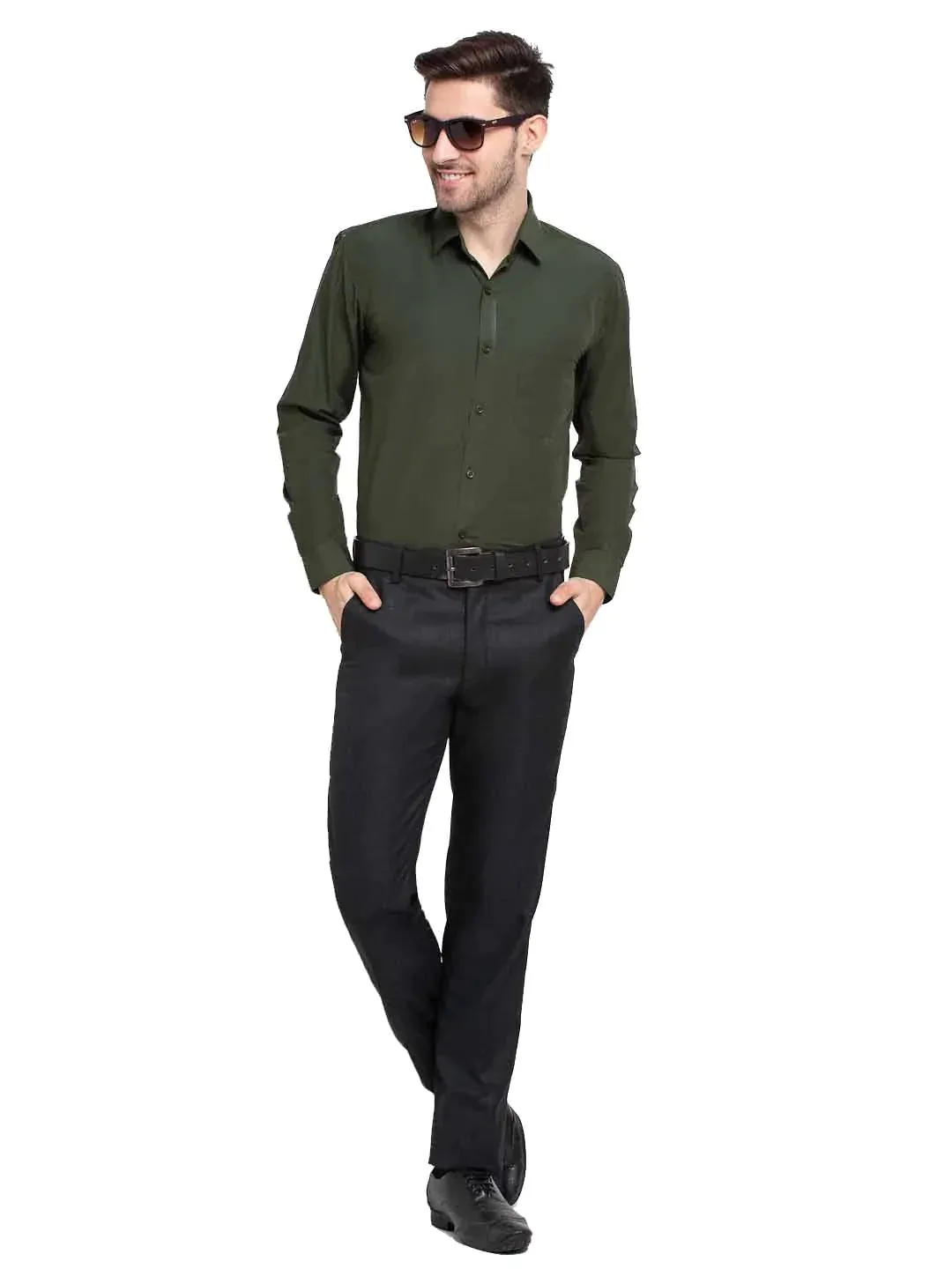 Men'S Cotton Solid Mehndi Green Formal Shirt'S
