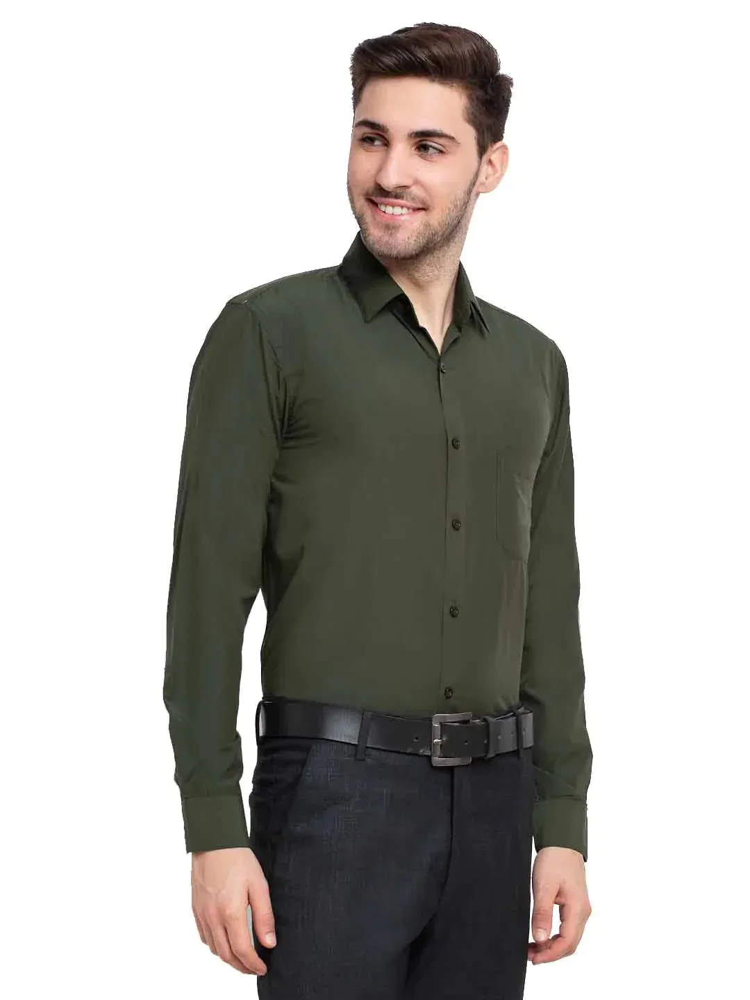Men'S Cotton Solid Mehndi Green Formal Shirt'S