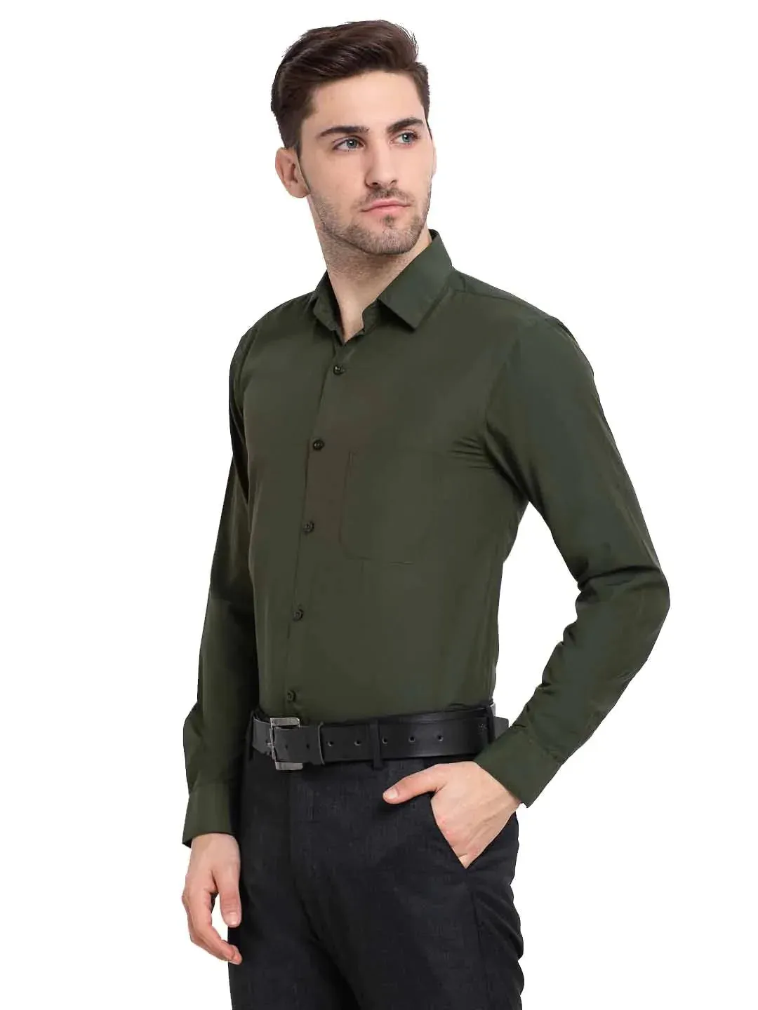 Men'S Cotton Solid Mehndi Green Formal Shirt'S