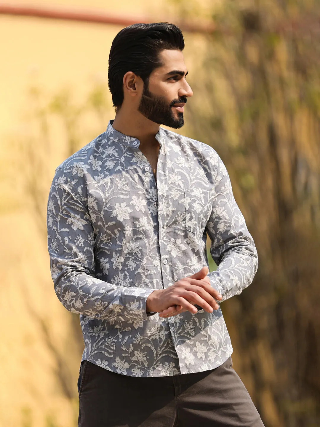 Men's  Pure Cotton Grey Casual Shirt
