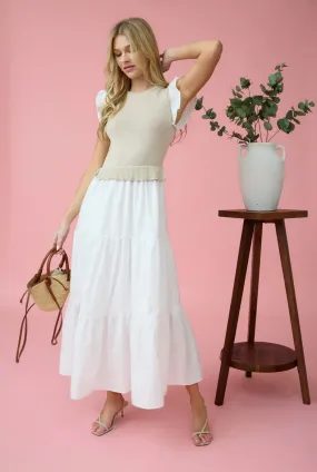 ^Mixed Media Sweater Vest Midi - Taupe/White