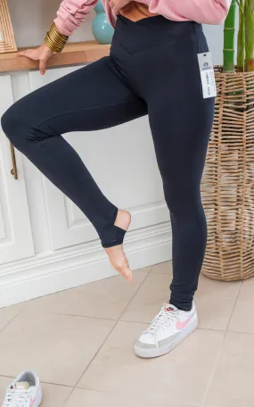 MONO B Black Venice Crossover Waist Stirrup Leggings - Final Sale