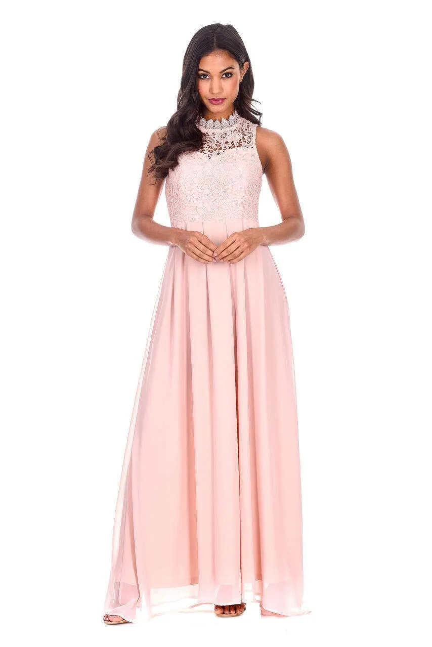 Nude High Neck Crochet Maxi Dress