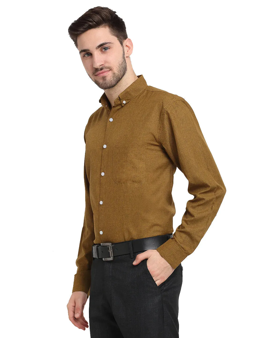 Olive Men'S Button Down Collar Cotton Formal Shirt