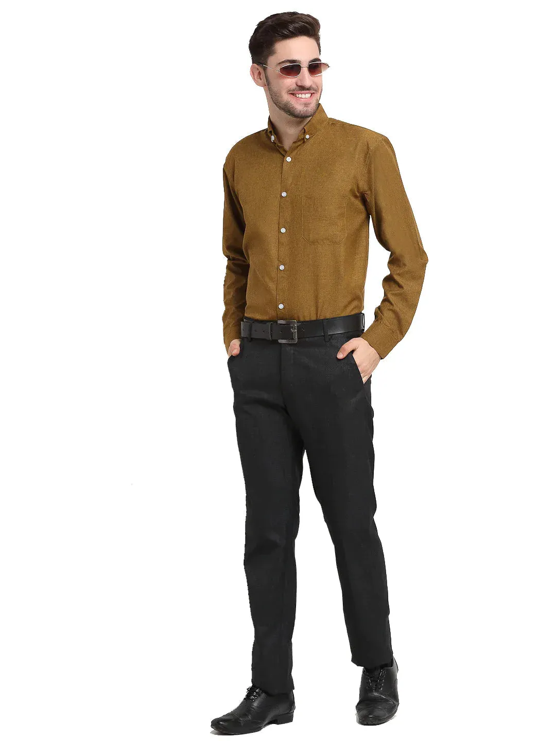 Olive Men'S Button Down Collar Cotton Formal Shirt