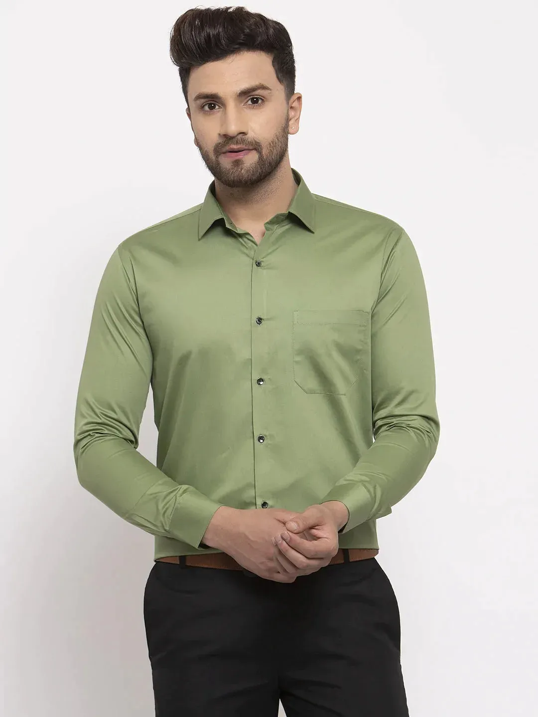 Olive Men'S Cotton Solid Formal Shirt'S