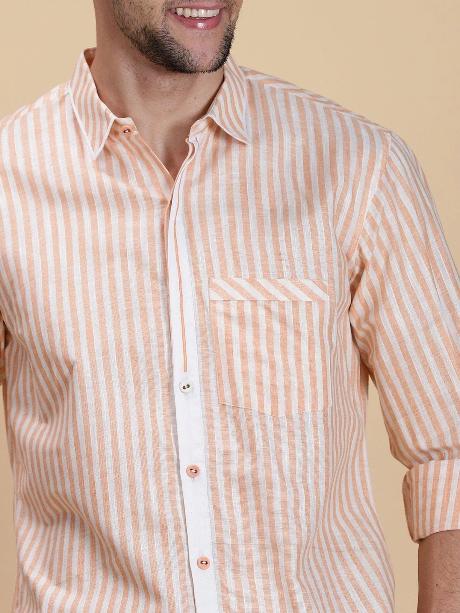Peach Striped Linen Men Shirt