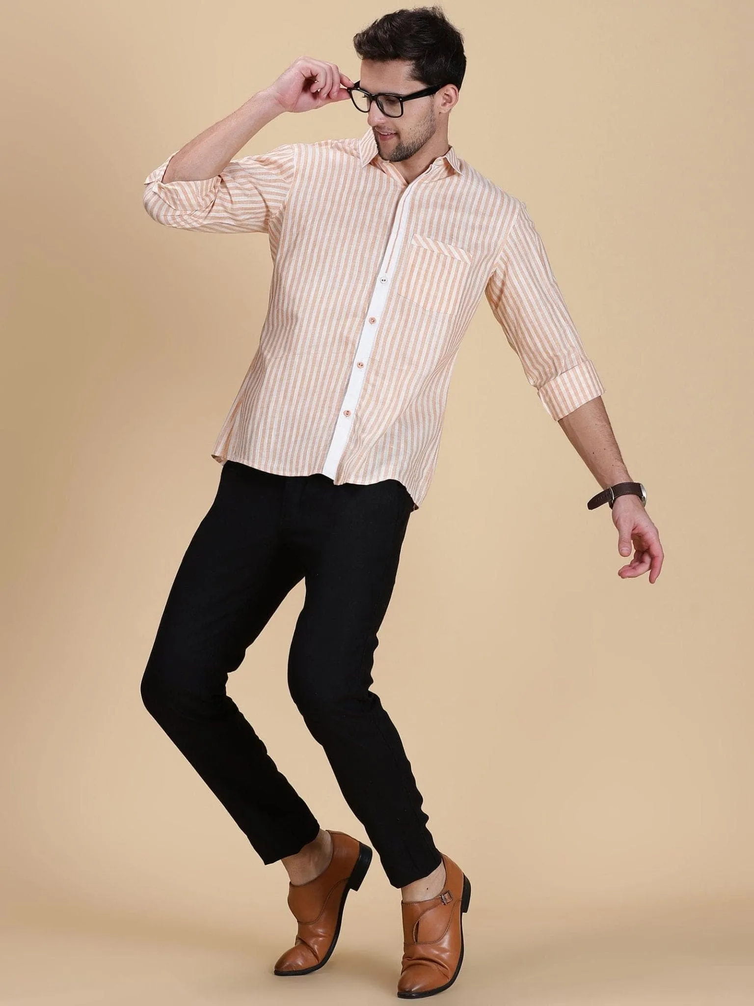 Peach Striped Linen Men Shirt