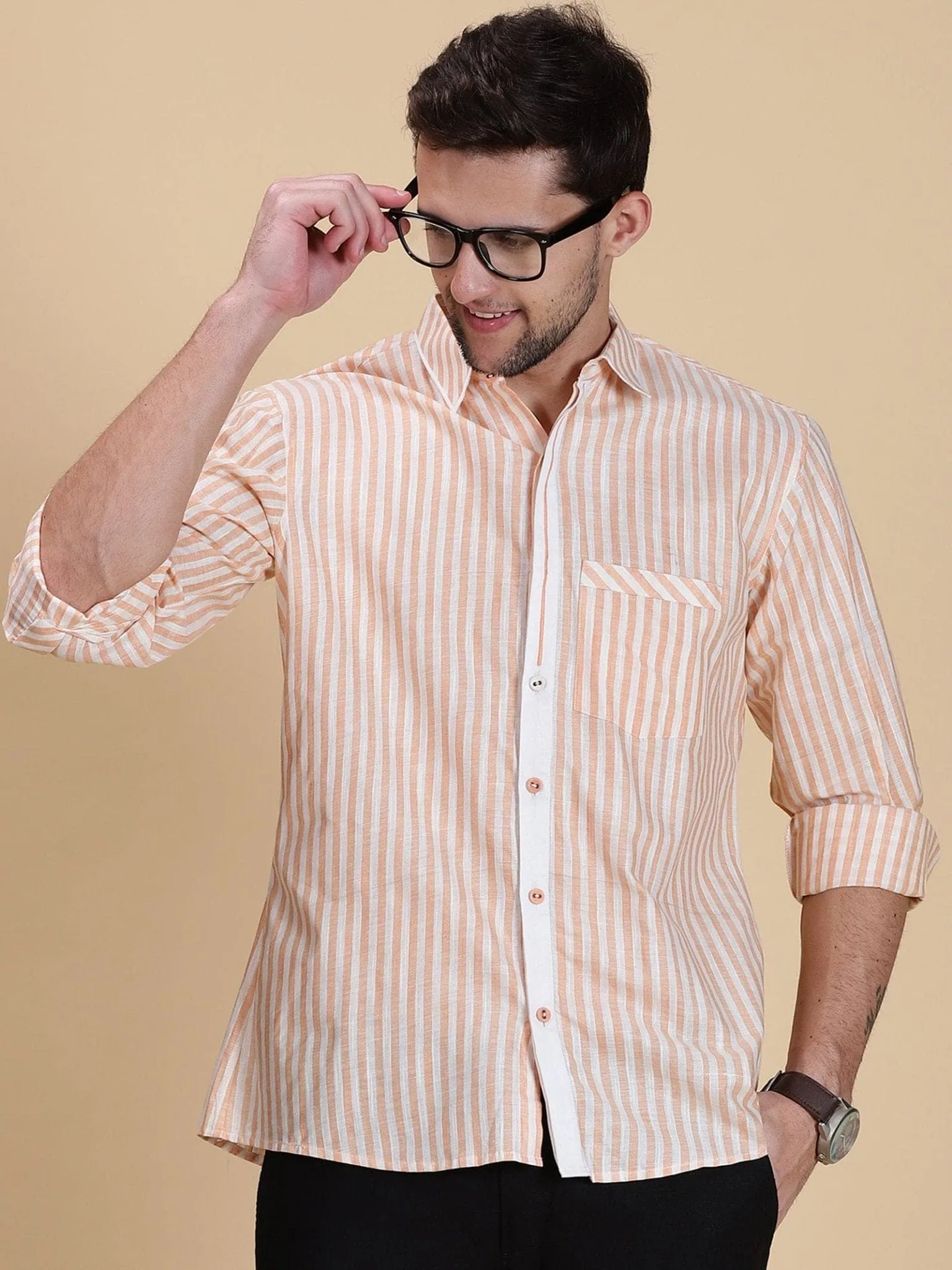 Peach Striped Linen Men Shirt