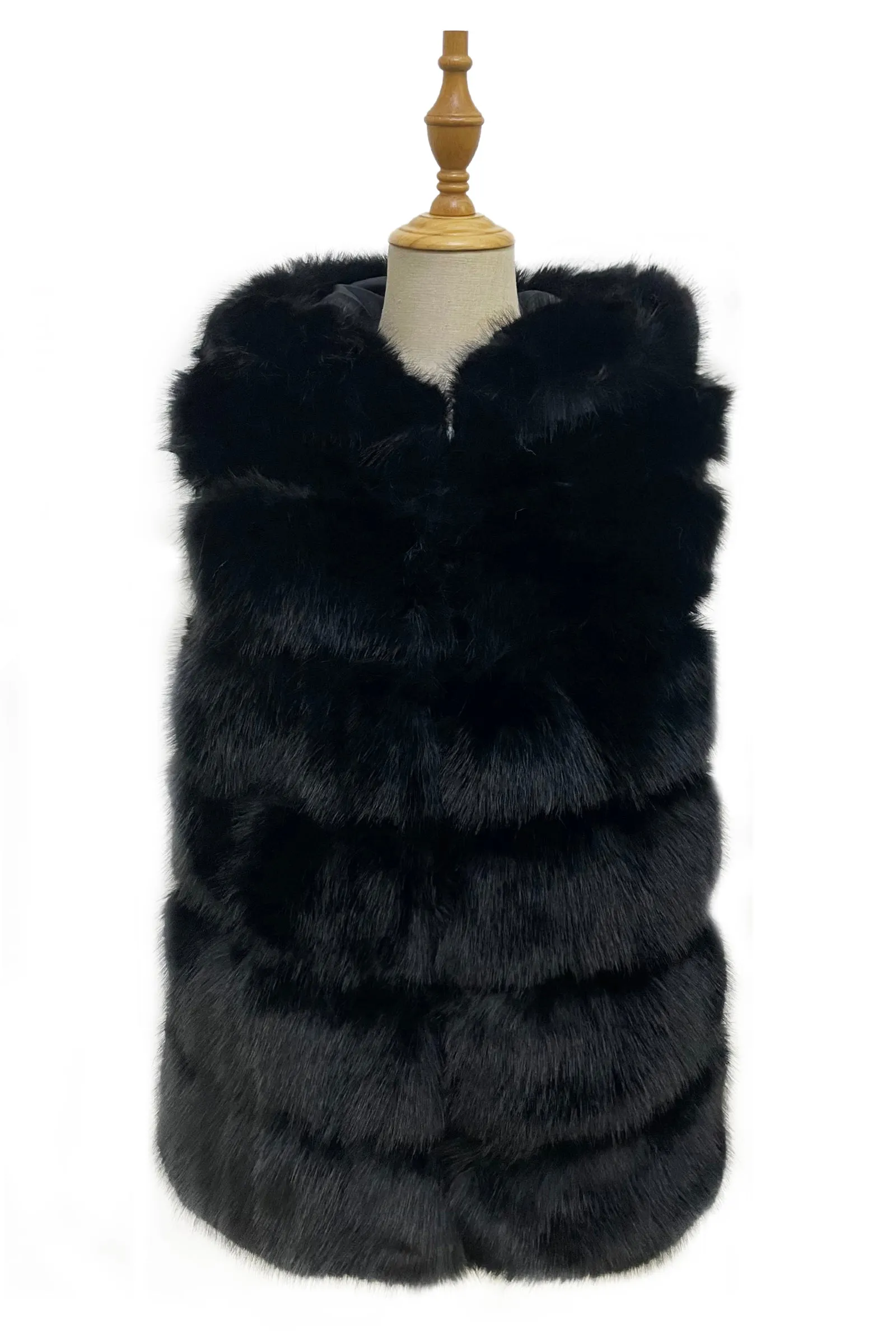 Plain Faux Fur Stripe Hooded Gilet Jacket
