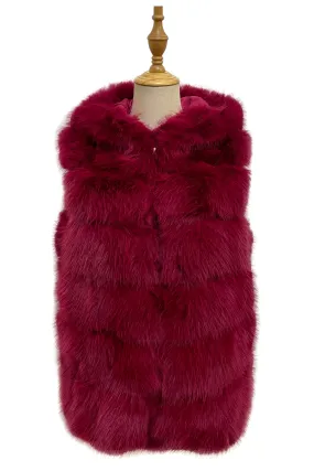 Plain Faux Fur Stripe Hooded Gilet Jacket