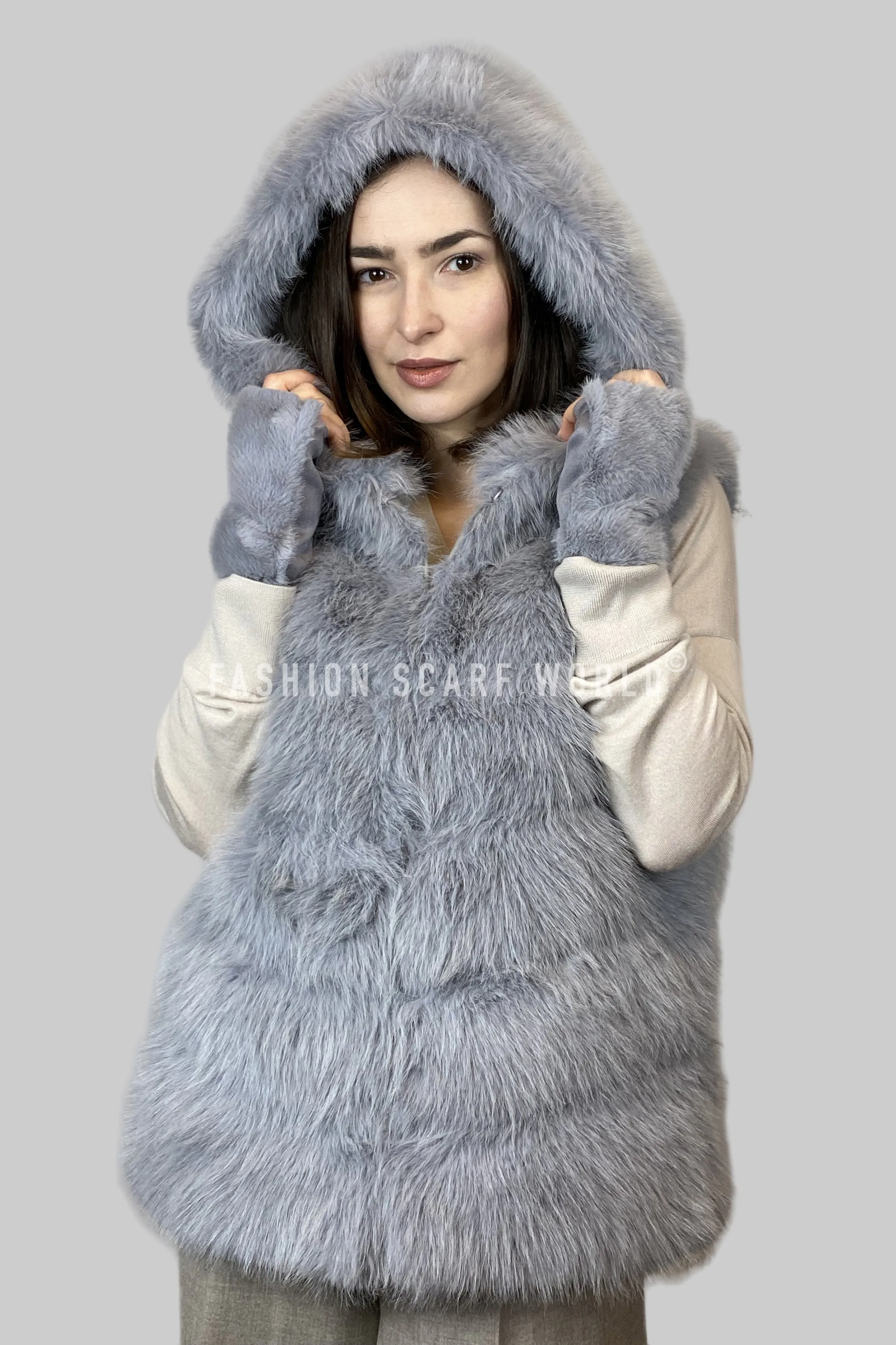 Plain Faux Fur Stripe Hooded Gilet Jacket