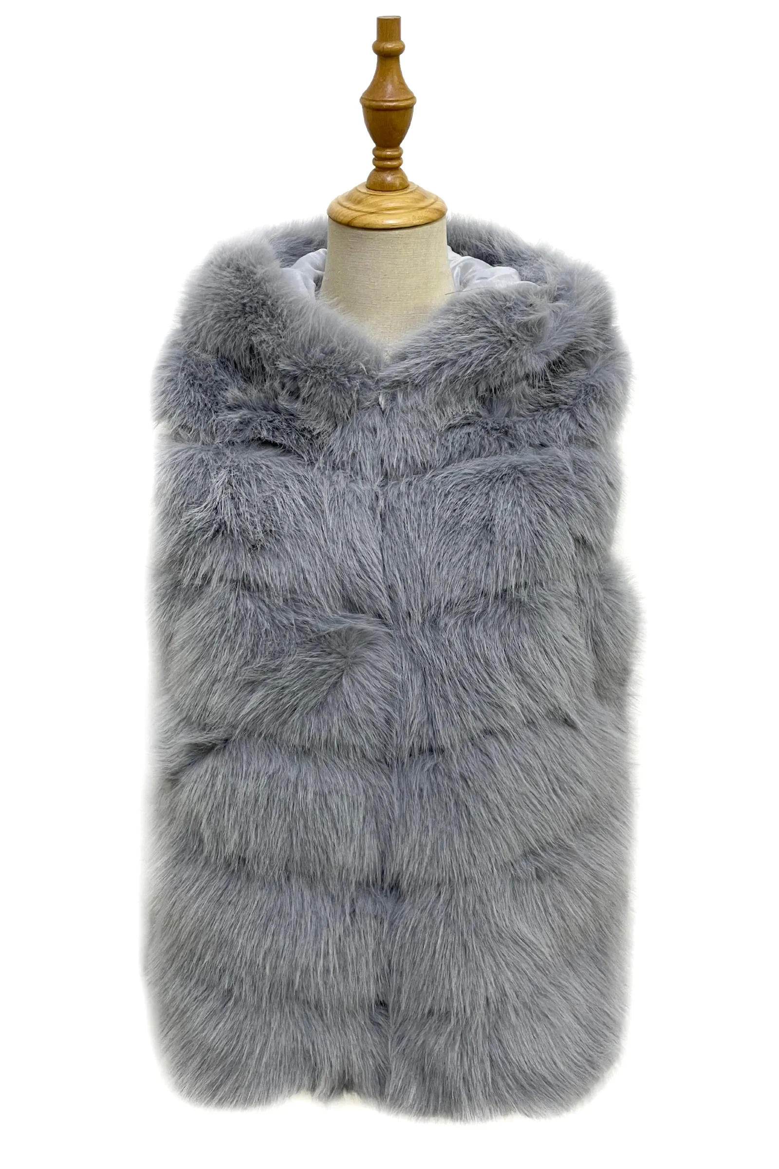 Plain Faux Fur Stripe Hooded Gilet Jacket